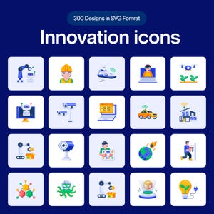 May include: A collection of 300 Innovation icons in SVG format displayed on a dark blue background. The grid features twenty colourful flat-style icons depicting various technological concepts including robotics, drones, smart homes, and data analysis.