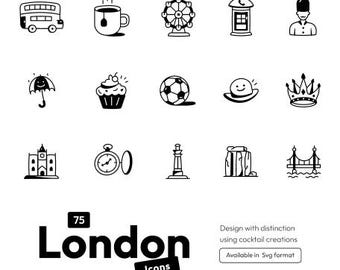 75 London Icons | Clean Glyph Vector SVG, Travel Landmarks Clipart for Maps & Apps