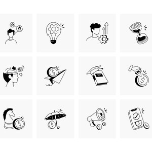 May include: A collection of black and white line art icons depicting business and finance concepts. The icons include a person with network connections, a lightbulb with gears, a person with upward arrows, an hourglass, a brain with ideas, a paper airplane with a coin, a book, a hand with a coin, a chess piece with a coin, an umbrella with a coin, a megaphone with coins, and a phone with a coin.
