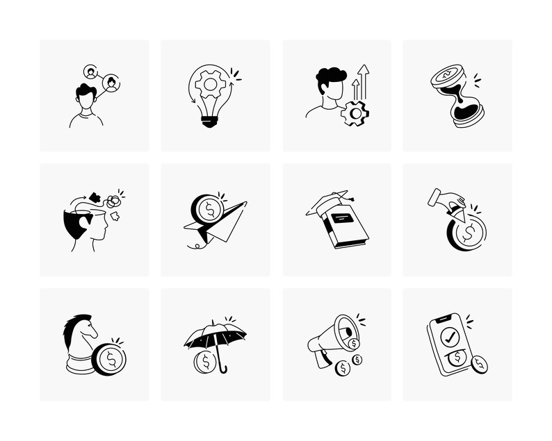 May include: A collection of black and white line art icons depicting business and finance concepts. The icons include a person with network connections, a lightbulb with gears, a person with upward arrows, an hourglass, a brain with ideas, a paper airplane with a coin, a book, a hand with a coin, a chess piece with a coin, an umbrella with a coin, a megaphone with coins, and a phone with a coin.