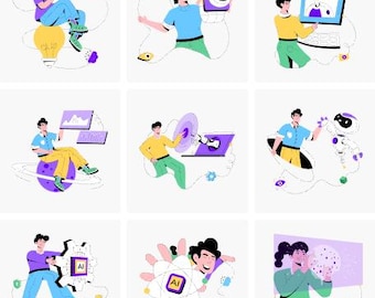 Ensemble de 50 illustrations d'IA | Robots et technologie futuriste | SVG pour le Web, les applications, les présentations et le marketing