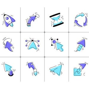 May include: A grid of twelve cartoon-style vector icons. The icons are mainly blue and white with black outlines. The icons depict arrows, a rocket, an hourglass, and other design elements.