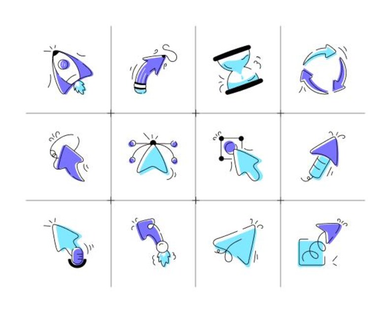 May include: A grid of twelve cartoon-style vector icons. The icons are mainly blue and white with black outlines. The icons depict arrows, a rocket, an hourglass, and other design elements.