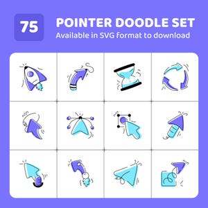 May include: A set of 75 pointer doodle graphics, including arrows and an hourglass, in a grid arrangement. The designs are in blue and black on a white backdrop. The text reads "POINTER DOODLE SET" and "Available in SVG format to download".