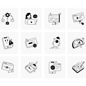 May include: A collection of black and white line art icons related to coding and web development. The icons include a person coding on a laptop, a computer monitor with code, a rocket ship, and a smartphone with a coding symbol.