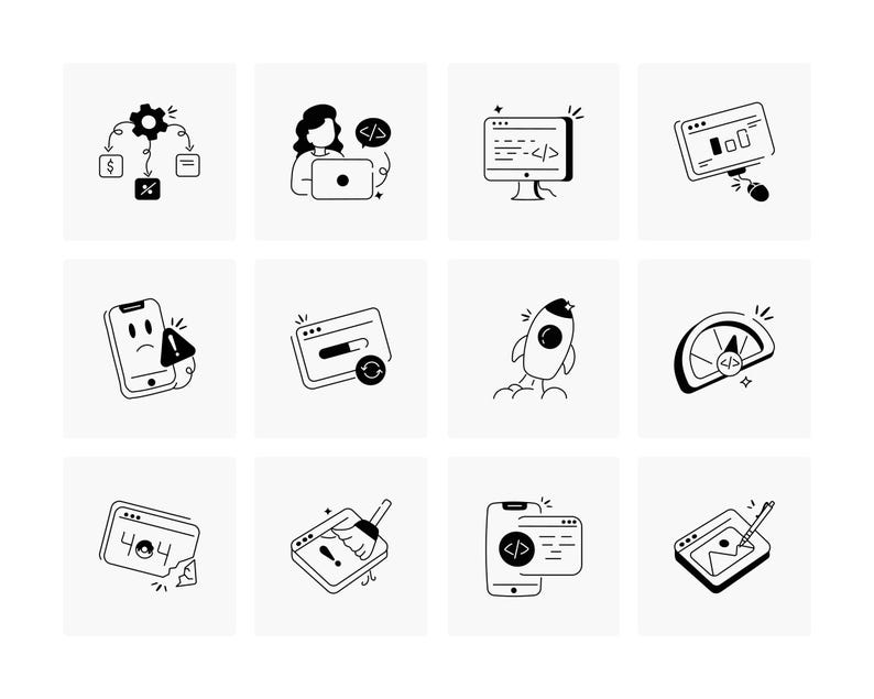 May include: A collection of black and white line art icons related to coding and web development. The icons include a person coding on a laptop, a computer monitor with code, a rocket ship, and a smartphone with a coding symbol.