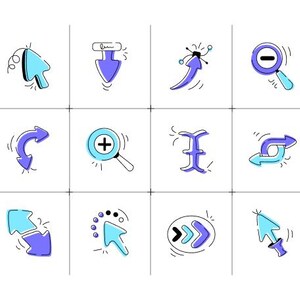 May include: A collection of twelve hand-drawn vector icons in a grid. The icons are in blue and purple with black outlines. The icons include arrows, magnifying glasses, and cursors, suitable for web design or user interface elements.