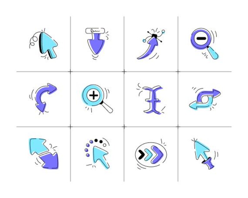 May include: A collection of twelve hand-drawn vector icons in a grid. The icons are in blue and purple with black outlines. The icons include arrows, magnifying glasses, and cursors, suitable for web design or user interface elements.