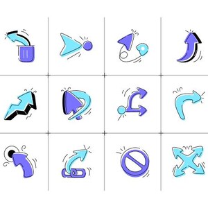 May include: A collection of twelve illustrated arrows in a grid, each pointing in a different direction. The arrows are in shades of blue and purple, with black outlines, on a white backdrop. Designs include curved, straight, and intersecting arrow styles.