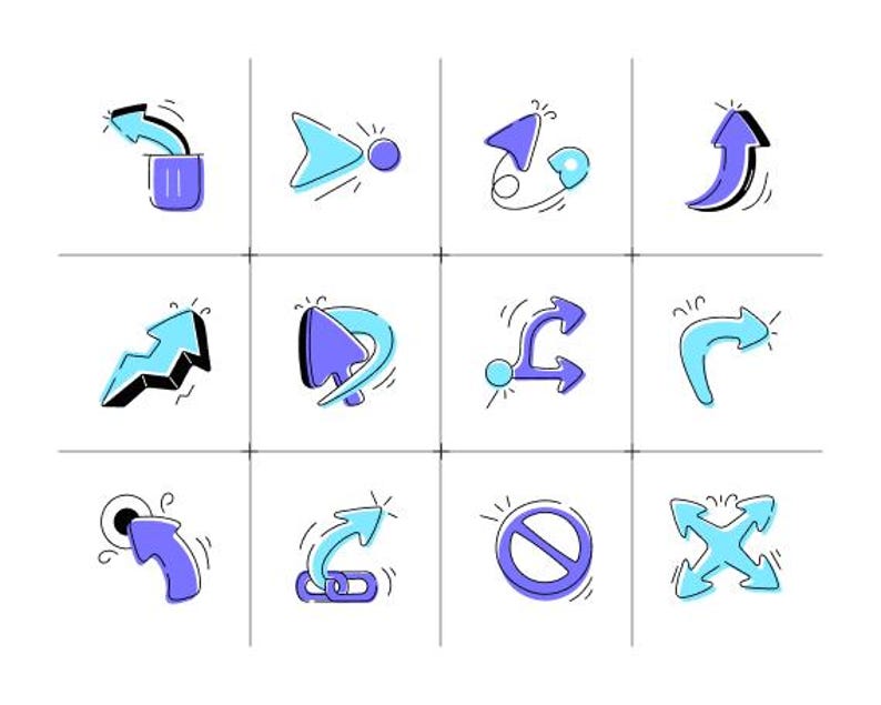 May include: A collection of twelve illustrated arrows in a grid, each pointing in a different direction. The arrows are in shades of blue and purple, with black outlines, on a white backdrop. Designs include curved, straight, and intersecting arrow styles.