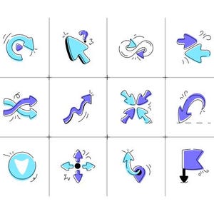 May include: A collection of twelve vector arrow icons in a grid layout. The arrows are predominantly blue and purple with black outlines. Designs include curved, straight, and intersecting arrows, some with question marks or flag elements.