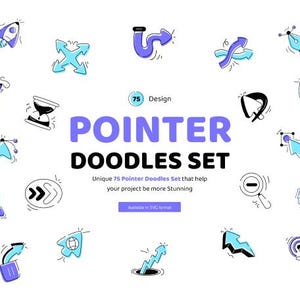 May include: A set of 75 pointer doodles featuring arrows, cursors, and other design elements in various styles. The text "POINTER DOODLES SET" is displayed in large, purple letters. Available in SVG format.