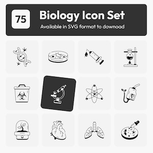 May include: A black and white biology icon set with 75 icons, including a DNA strand, petri dish, syringe, and microscope. The text "Biology Icon Set" is displayed at the top, with the text "Available in SVG format to download".