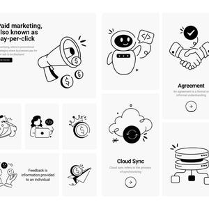 May include: Black and white line art illustrations on a white background. The illustrations depict concepts like paid marketing, a robot with code, a handshake, a cloud with arrows, and a server. Text includes "Paid marketing" and "Agreement".