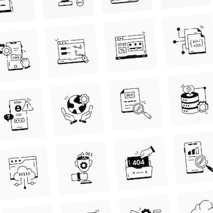 May include: A collection of black and white line art icons related to technology and the internet. Icons include a smartphone with a CMS label, a globe with a gear, and a document with SEO text.