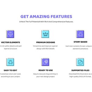 May include: A graphic with the text "GET AMAZING FEATURES" and icons representing vector elements, premium designs, story-based concepts, easy editing, ready-to-use elements, and supported files.