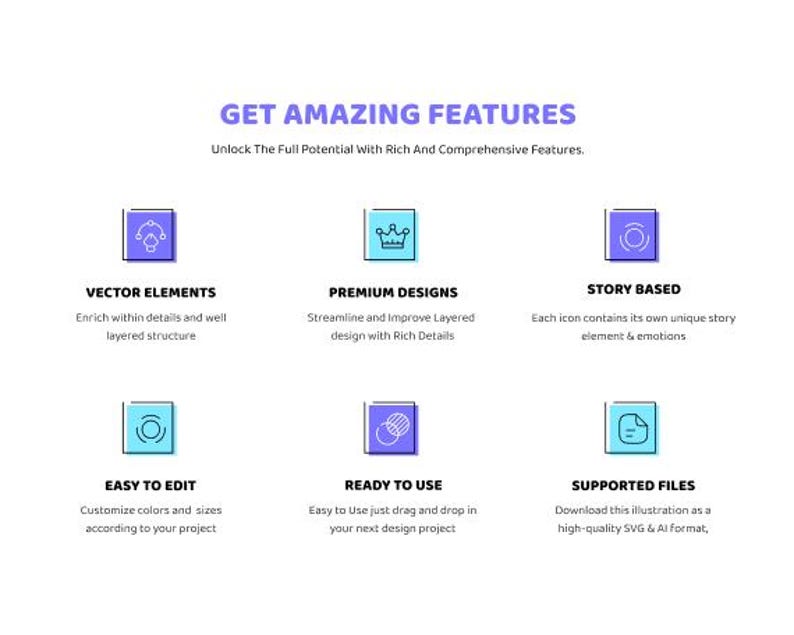 May include: A graphic with the text "GET AMAZING FEATURES" and icons representing vector elements, premium designs, story-based concepts, easy editing, ready-to-use elements, and supported files.