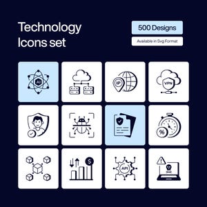 Op de afbeelding: Een set technologie-iconen in zwart en wit, waaronder een atoom, cloudserver, wereldbol met IP-locatie en een VPN-schild. De set bevat 500 ontwerpen en is beschikbaar in SVG-formaat.