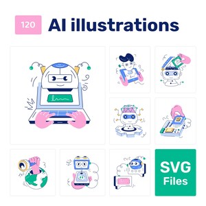 50 AI Illustrations Set | Robots & Futuristic Tech | SVG for Web, Apps, Presentations and Marketing