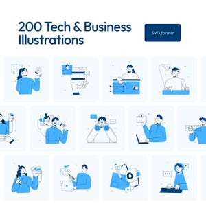 200 Tech & Business-illustratiepakket | Moderne platte SVG, grafische afbeeldingen voor professioneel opstarten en app-ontwerp