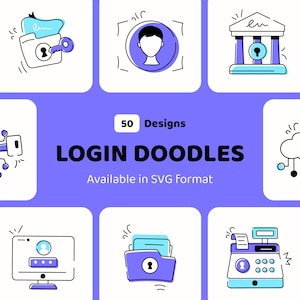 Conjunto de 50 iconos de inicio de sesión / SVG biométricos y antimalware / Imágenes prediseñadas dibujadas a mano para seguridad, aplicaciones y sitios web