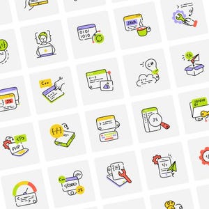 May include: A collection of colorful, illustrated icons related to coding and software development. The icons feature elements like code snippets, programming languages (Java, C++, PHP, JS, C#), and tools, all set against a white background.