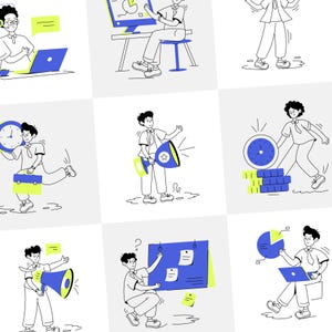 May include: A collection of cartoon illustrations depicting various business and office scenarios. The images feature figures interacting with laptops, computers, clocks, megaphones, and bulletin boards, all rendered in a minimalist black, white, blue, and yellow color scheme.