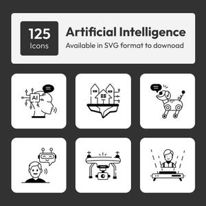 May include: A collection of 125 black and white Artificial Intelligence icons in SVG format. The icons depict various AI concepts, including a robot dog, a drone, and a person interacting with a holographic display.