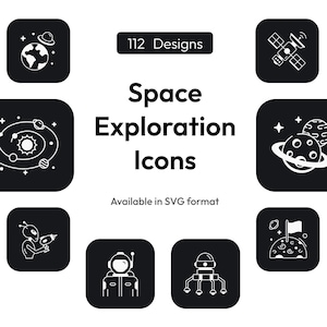 Könnte beinhalten: Eine Sammlung schwarzer quadratischer Icons mit weißen Strichzeichnungen zum Thema Weltraum. Die Icons zeigen Planeten, Satelliten, Astronauten und Außerirdische. Der Text "Space Exploration Icons" wird zusammen mit "112 Designs" und "Available in SVG format" angezeigt.