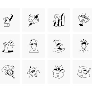 May include: A collection of twelve black and white line art illustrations on a white background. The illustrations depict concepts such as growth, ideas, success, and innovation. Each image is a simple, clean design, suitable for various applications.