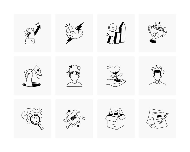 May include: A collection of twelve black and white line art illustrations on a white background. The illustrations depict concepts such as growth, ideas, success, and innovation. Each image is a simple, clean design, suitable for various applications.