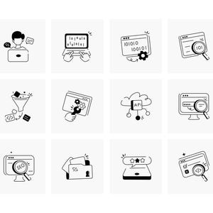 May include: A collection of black and white line art icons related to coding, SEO, and web development. The icons include a person working on a laptop, a laptop displaying binary code, a website with a magnifying glass, and a funnel.