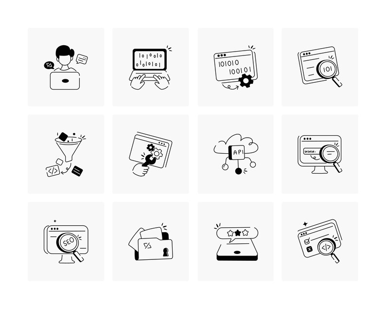 May include: A collection of black and white line art icons related to coding, SEO, and web development. The icons include a person working on a laptop, a laptop displaying binary code, a website with a magnifying glass, and a funnel.
