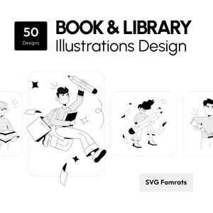 以下が含まれることがあります： 「BOOK & LIBRARY Illustrations Design」のテキストが入った白黒イラストデザイン。画像には数字「50」と「Designs」という文字が入った黒い正方形が含まれています。イラストは本と鉛筆を持った人々を描いています。