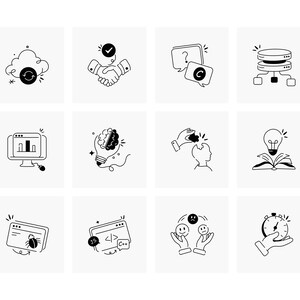 May include: A collection of twelve black and white line art icons on a white background. The icons depict concepts such as cloud computing, agreement, database, brainstorming, and time management. Each icon is enclosed in a square.