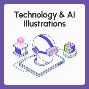 May include: A digital graphic titled Technology & AI Illustrations featuring a stylised human head wearing a virtual reality headset emerging from a tablet, accompanied by a small server icon labelled IA and a colourful geometric cube block.