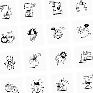 Peut inclure: Ensemble d'icônes en noir et blanc représentant l'intelligence artificielle et la technologie. Les illustrations incluent des smartphones, des engrenages et des cerveaux. Le style est minimaliste, adapté aux applications numériques et aux thèmes technologiques.