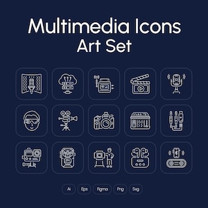 Op de afbeelding: Een digitale grafische set getiteld Multimedia Icons Art Set met vijftien witte lijn-iconen op een donkerblauwe achtergrond, waaronder symbolen voor microfoons, camera's, cloudservers, audioapparatuur en draadloze apparaten, met bestandsformaatlabels.