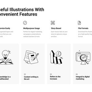 May include: A white graphic with the text "Useful Illustrations With Convenient Features." The image includes four sections with icons and text: "Customize Easily," "Multipurpose Usage," "Story-Based," and "File Formats."