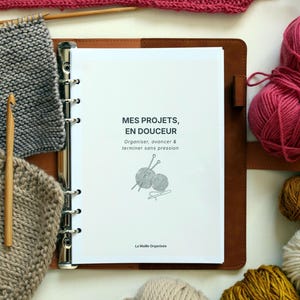 Peut inclure: Un classeur en cuir marron avec le texte "MES PROJETS, EN DOUCEUR" et des illustrations de fils et d'aiguilles. Le classeur est entouré de diverses pelotes de laine dans les tons rose, gris, beige et or, ainsi que de projets de tricot et de crochet.