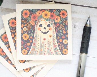 Floral Ghost Mini Note Cards – Set of 4 – Whimsical Autumn Stationery for Halloween, Gifting & Journaling