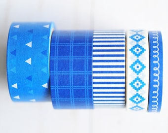 Blue Washi Tape // 5 rolls // Patterned Masking Tape // Decorative Tape // Planner Accessory // Bullet Journal // Decoration // Calendar