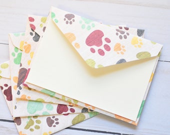 Paw Print Mini Cards - Set of 4 // Blank Cards // Enclosure Cards // Gift Card Envelopes // Party Favor // Love Note // Lunchbox Notes