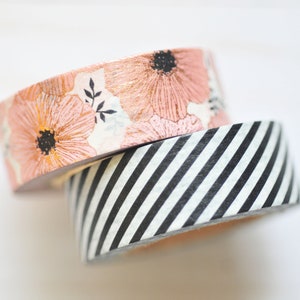 Pretty Poppy Washi Tape - 2 rolls // Blooms // Blush Pink // Floral Washi // Stripes // Black & White // Planner Accessory / Bullet Journal