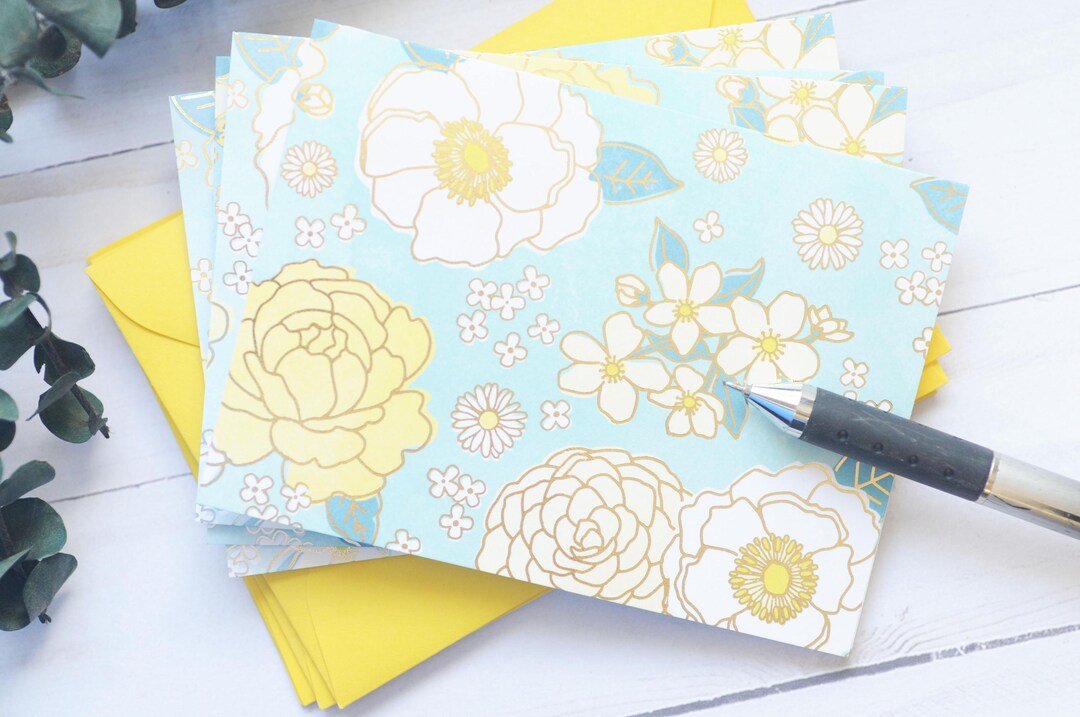 Yellow and Blue Floral Note Cards - Set of 4 // Blank Cards // Gold ...