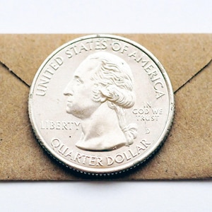May include: A silver US quarter dollar coin with the image of George Washington on the front. The coin is on a brown paper envelope.
