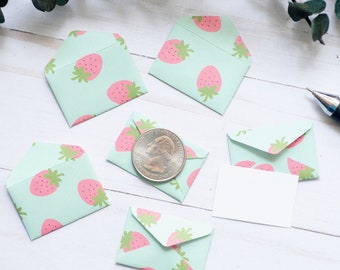 Strawberry on Mint Tiny Love Notes – Set of 10 – Teeny Cards for Gifts, Scrapbooking, Summer Parties