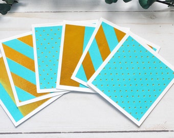 LAST CHANCE Turquoise and Gold Mini Cards - Set of 12 // Blank Cards // Enclosure // Love Notes // Advice Cards // Gift Card Holder // Gold