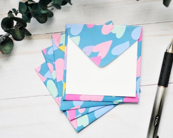 Blue Heart Mini Cards - Set of 4 // Mini Envelopes // Gift Card Holder // Pastel // Wedding Shower // Best Wishes // Patterned Envelopes