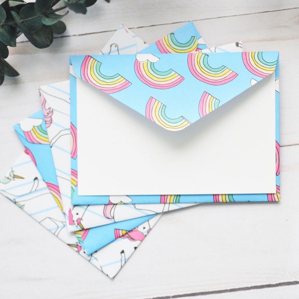 Unicorn and Rainbow Mini Notes // Set of 4 // Blank Cards // Mini Card Set // Colorful // Lunchbox Note // Stripes // Rainbows // Joyful